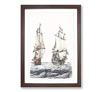 Big Box Art Two French Sailing Ships by Johan Teyler Framed Wall Art Picture Print Ready to Hang, Walnut A2 (62 x 45 cm)