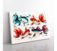 Big Box Art Two Gold & Silver Fish Canvas Wall Art Print Ready to Hang Picture, 76 x 50 cm (30 x 20 Inch), White, Turquoise, Red, Beige, Red