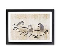 Big Box Art Two Horses Playing by Kano Tan'yu Framed Wall Art Picture Print Ready to Hang, Black A2 (62 x 45 cm)