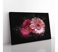 Big Box Art Two Pink Gerbera Flowers Paint Splash Canvas Wall Art Print Ready to Hang Picture, 76 x 50 cm (30 x 20 Inch), Blue, Mauve, Maroon, Mauve, Brown
