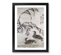 Big Box Art Two Wild Geese by Bian Shoumin Framed Wall Art Picture Print Ready to Hang, Black A2 (62 x 45 cm)