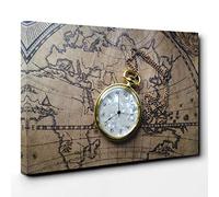 Big Box Art Vintage Pocket Watch and World Map (1) Canvas Wall Art Print Ready to Hang Picture, 30 x 20 Inch (76 x 50 cm), Multi-Coloured