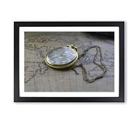 Big Box Art Vintage Pocket Watch and World Map (2) Framed Wall Art Picture Print Ready to Hang, Black A2 (62 x 45 cm)