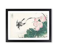 Big Box Art Wagtail Bird & Pink Lotus by Numata Kashu Framed Wall Art Picture Print Ready to Hang, Black A2 (62 x 45 cm)