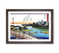 Big Box Art Walking Over The Bridge by Utagawa Hiroshige Framed Wall Art Picture Print Ready to Hang, Walnut A2 (62 x 45 cm)