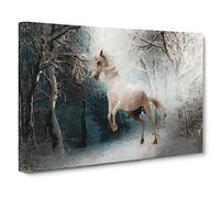 Big Box Art White Horse Rearing in a Winter Forest in Abstract Canvas Wall Art Framed Picture Print, 30 x 20 Inch (76 x 50 cm), Grey, Black, Green