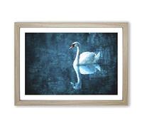 Big Box Art White Swan on a Blue Lake Painting Framed Wall Art Picture Print Ready to Hang, Oak A2 (62 x 45 cm)