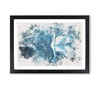 Big Box Art White Swan on a Blue Lake Watercolour Framed Wall Art Picture Print Ready to Hang, Black A2 (62 x 45 cm)