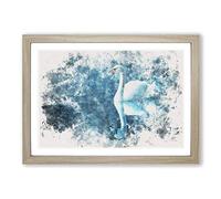 Big Box Art White Swan on a Blue Lake Watercolour Framed Wall Art Picture Print Ready to Hang, Oak A2 (62 x 45 cm)
