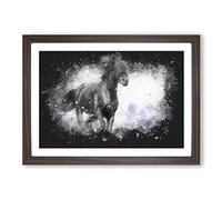 Big Box Art Wild Black Horse Paint Splash Framed Wall Art Picture Print Ready to Hang, Walnut A2 (62 x 45 cm)