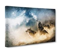 Big Box Art Wolves Howling in The Forest in Abstract Canvas Wall Art Framed Picture Print, 30 x 20 Inch (76 x 50 cm), Beige, Blue, Olive, Green, Teal, Black