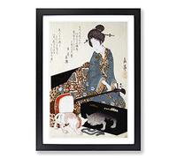 Big Box Art Woman with a Cat by Yashima Gakutei Framed Wall Art Picture Print Ready to Hang, Black A2 (62 x 45 cm)