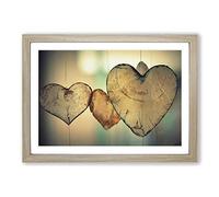 Big Box Art Wooden Hearts Framed Wall Art Picture Print Ready to Hang, Oak A2 (62 x 45 cm)