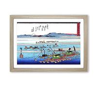 Big Box Art Workers in The River by Utagawa Hiroshige Framed Wall Art Picture Print Ready to Hang, Oak A2 (62 x 45 cm)