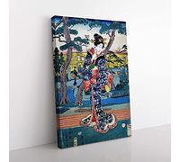 Big Box Art Young Girl at a Tea-House by Utagawa Hiroshige Painting Canvas Wall Art Print Ready to Hang Picture, 76 x 50 cm (30 x 20 Inch), Turquoise, Grey, Cream, Grey, Blue
