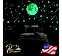 Big Bright Glowing Moon, 12 inch Full Moon + Bonus Set of Glow in The Dark Stars, Meteors || Premium Luminous Wall Sticker Decals for Kids Home Room Decorations