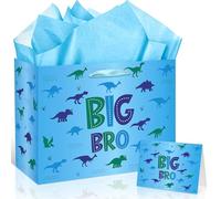 Big Brother Gift Bag for Boys, Cute Big Bro Gift Bag with Tissue Paper and Greeting Card Blue Wrapping Paper Cartoon Dinosaur New Brother Party Decoration for Little Boy Birthday Party Supplies