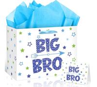 Big Brother Gift Bag for Boys, Cute Big Bro Gift Bag with Tissue Paper and Greeting Card Stars White Blue Wrapping Paper New Brother Party Decoration for Little Boy Birthday Party Supplies