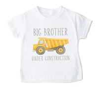 Big Brother Under Construction T-Shirt - Yellow Dump Truck Sibling Reveal Tee - 100% Cotton - Sizes 3 Months to 13 Years - Kid-Safe Water-Based Print - Made in Yorkshire