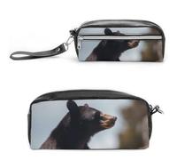 Big Brown Bear Pencil Case Large Capacity Leather Pencil Pouch with Zipper, Portable Small Makeup Bag, Office Supplies Organizer for Women Men