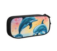 Big Capacity Dolphins in Love Print Pencil Case,Double layer zipper Pencil box Makeup Pouch Organizer
