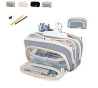 Big Capacity Pencil Case,3 Compartment Pencil Case, Aesthetic Pencil Case Beige,Cute Pencil Pouch, Big Pencil Case, Pencil Case with Compartments,Pencil Cases for Teen Girls (Blue)