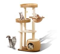 Big Cat Tree for Large Cats - Multi-Cat Tower with Natural Sisal & Handwoven Basket, Extra Sturdy Base, Breathable Perch - Rustic Wood Style Cat Furniture for Indoor Cats