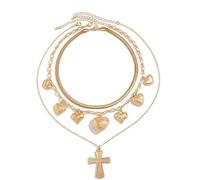 Big Cross Pendant Layered Necklace for Women Dainty Trendy Puffy Love Heart Charm Choker Stackable Hip Hop Punk Adjustable Chunky Snake Link Paperclip Chain 3 Piece Set Y2k Statement Faith Jewelry