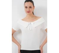 Big Dart Women's Boat Neck Ribbed Blouse with Bow in White | Size: Small Big Dart White S
