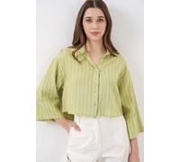 Big Dart Womens Oversized Striped Cropped Shirt with Button Closure - Green - Size X-Large