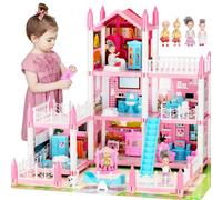 Big Doll House for Kids Ages 3 4 5 6 7 8, 3-Story 6 Rooms Princess Play House Toys with 4 Doll & Doll Furnitures, DIY Dollhouse with Light Strip