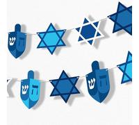 Big Dot of Happiness Hanukkah Garland Banner, Chanukah Holiday Party Decorations Backdrop, 30 Feet of Cord, 15 Paper Star of David & Blue Dreidel Shapes Double-Sided