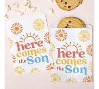 Big Dot of Happiness Here Comes the Son Paper Treat Bags, Boy Boho Baby Shower Decor Individual Candy Snack Favors, Retro Sunshine Party, Greaseproof White Sandwich Cookie Bags - 25 Count