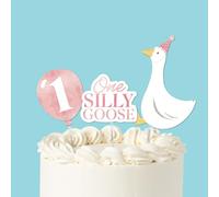 Big Dot of Happiness Pink One Silly Goose Cake Topper Set, Silly Goose Birthday Dessert Decorations for Girl 1st Birthday Party - 3 Count