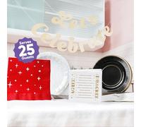 Big Dot of Happiness Red, Black and Gold Let's Celebrate Tableware Set, 125 pieces, Agree or Disagree Foil Beverage Game Napkins, Party Plates, Let's Celebrate Banner, 25 Guests Party Bundle