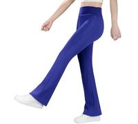 BIG ELEPHANT Girls Fleece Lined Flare Leggings, High Waisted Athletic Bell Bottom Pants for Kids Blue