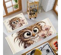 Big-Eyed Owl Non Slip kitchen floor mats Set 2 Piece, Retro And Cute Kitchen Mat Anti Fatigue Set, Brownish White kitchen carpets for Home Decoration - 60X89+60X152cm