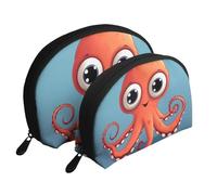 Big-Eyed red Octopus Portable Shell Cosmetic Bag Set - Travel Makeup Organiser with Zipper & Inner Compartments