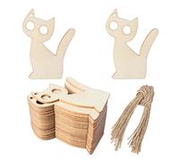 Big Eyes Cat Shape Wooden Blank Wood with Twines Art Unfinished Ornaments for Christmas Wedding Birthday Party Thanksgiving Day Decoration 24Pcs