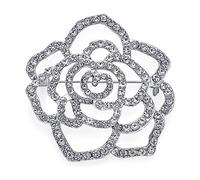 Big Fashion Statement Sparkling Party Rose Flower Shape Open Pave Crystal Wedding Brooch Scarf Pin For Women Silver Tone Rhodium Plated