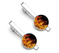 Big Fire Flames on Black Men's Tie Clips Silver Necktie Bar Pinch Clips for Wedding Business 2 Pcs