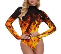 Big Fire Flames on Black Women's Mock Turtle Neck Bodysuit Long Sleeve Tops Body Suits S