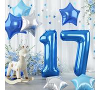 Big Foil 17 Balloon, 40 Inch Dark Teal Blue Self Inflating Number 17 Balloon for Boys 17th Birthday, Silver Light Royal Blue Star Helium Balloon for Girls Birthday Graduation Party Decoration Supplies