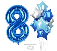 Big Foil 8 Balloon, 40 Inch Dark Teal Blue Self Inflating Number 8 Balloons for Kids 8th Birthday, Silver Light Royal Blue Star Helium Balloon for Boys Birthday Graduation Party Decoration Supplies