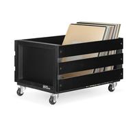 BIG FUDGE Vinyl Record Storage Crate with Wheels, Black, Holds 80 LPs | Black wooden rolling crate with chalkboard label and 4 wheels for organizing and moving up to 80 vinyl records.