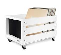 BIG FUDGE Vinyl Record Storage Crate with Wheels, White, Holds 80 LPs | White wooden rolling crate with chalkboard label and 4 wheels for organizing and moving up to 80 vinyl records.