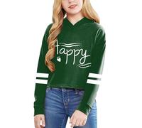 Big Girls' Letter Short Hoodie - Solid Colour Long Sleeve Pullover Top, Casual Youth Style Dark Green