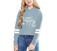 Big Girls' Letter Short Hoodie - Solid Colour Long Sleeve Pullover Top, Casual Youth Style Light Blue