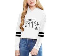 Big Girls' Letter Short Hoodie - Solid Colour Long Sleeve Pullover Top, Casual Youth Style White