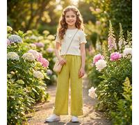 Big Girls Summer Outfits 2Pcs Set Textured Flower Top and Wide Leg Pants with Bows Boutique Clothes 8-12 Years